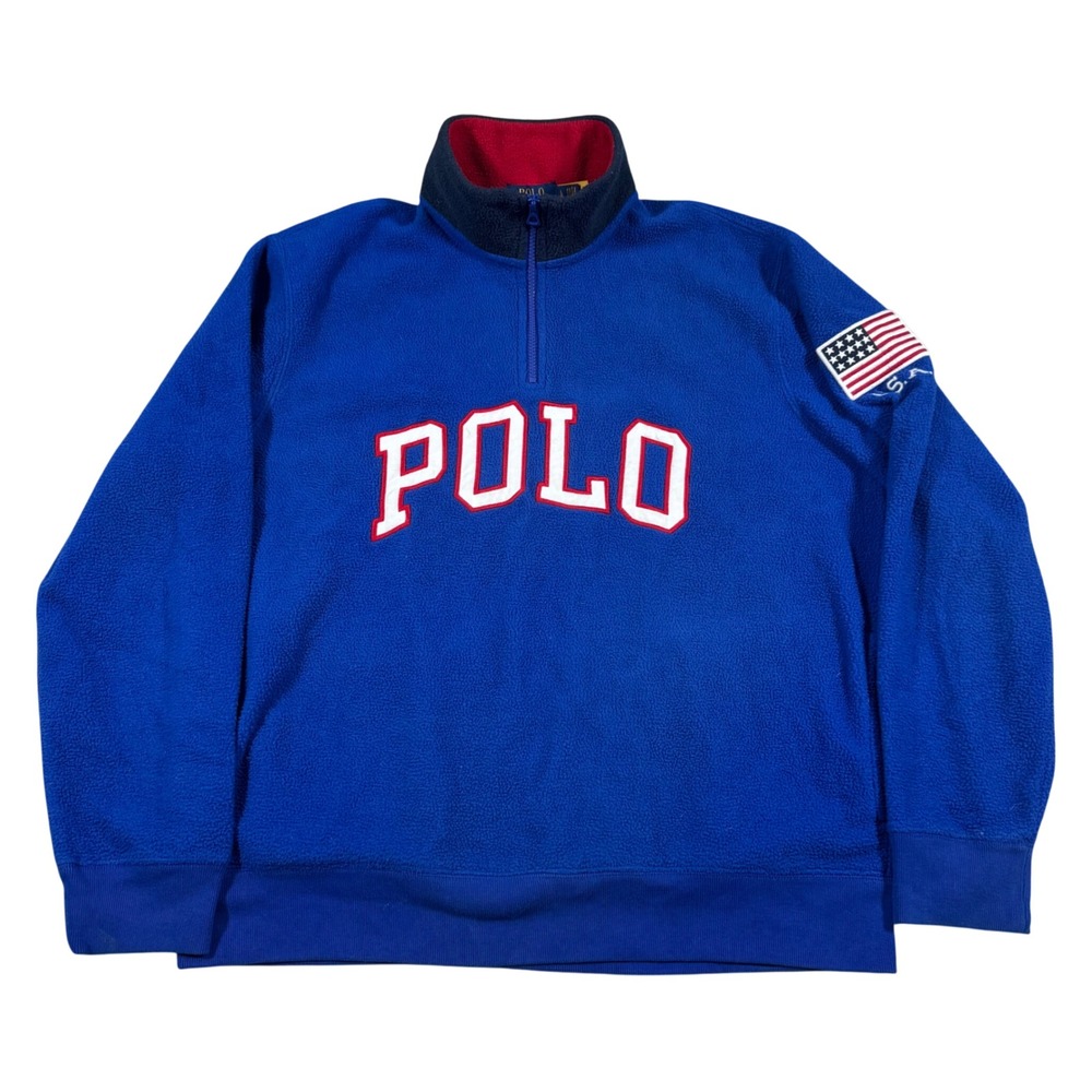 Polo Ralph Lauren Fleece Pullover Mens Large Blue USA Flag Quarter Zip Mock Neck